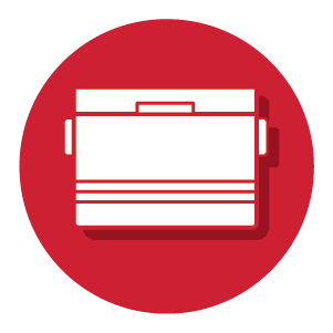 White silhouette of a rectangular toolbox with horizontal stripes and side handles, centered on a solid red circular background representing tool storage for home improvement.