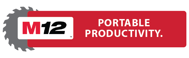 Red rectangular banner featuring a silver circular saw blade with a bold white and black M12 logo on the left and the text "PORTABLE PRODUCTIVITY." in white on the right, symbolizing compact power tools for home improvement.