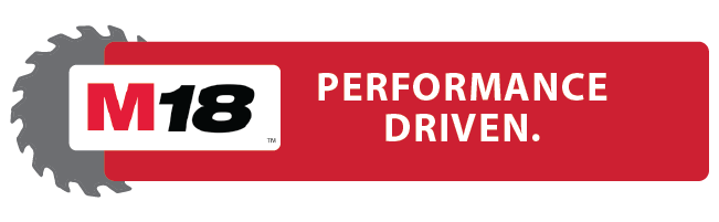 Red rectangular banner with a silver circular saw blade on the left and bold black and red M18 logo next to white text reading "PERFORMANCE DRIVEN." representing power tool performance.