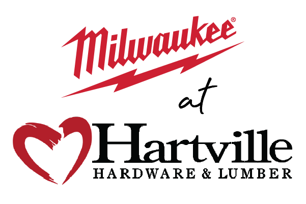 Red stylized Milwaukee logo above a red heart icon and black Hartville Hardware text, representing home improvement brands.