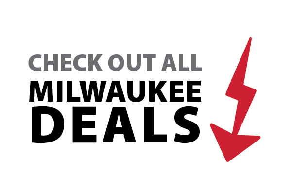 White rectangular graphic with bold black and gray text reading "CHECK OUT ALL MILWAUKEE DEALS" and a red downward lightning bolt icon on the right side.