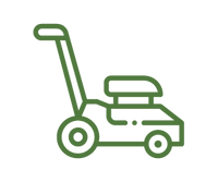 Green line drawing of a lawn mower with a handle, motor housing, and two wheels, representing outdoor home improvement tools.