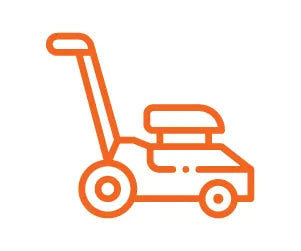Minimalist orange line drawing of a walk-behind lawn mower viewed from the side on a white background.