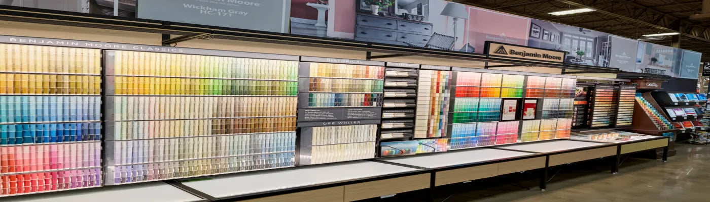 Long display wall filled with organized paint color swatches arranged by hue in a home improvement store setting.