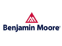 Benjamin Moore logo featuring a red stylized mountain peak above blue bold lettering on a white background, representing paint and home improvement.