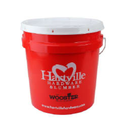 Red plastic bucket with a white lid featuring the Hartville Hardware and Lumber logo, used for storage or home improvement tasks.