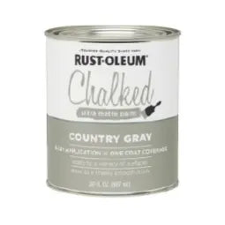 Can of Rust-Oleum Chalked paint in a muted gray shade labeled 
