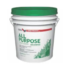 White plastic bucket with a green lid labeled all purpose joint compound, used for drywall and home improvement tasks.