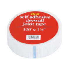 Roll of white self-adhesive drywall joint tape with red label, used for reinforcing drywall seams in home improvement projects.