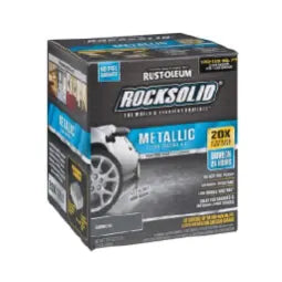 Box of Rust-Oleum RockSolid metallic floor coating featuring protective finish for garage and workshop surfaces with high durability claims.