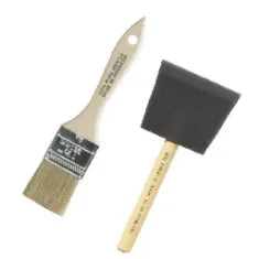 Two paintbrushes side by side, one with natural bristles and a wooden handle, the other with a black foam head and a wooden handle.