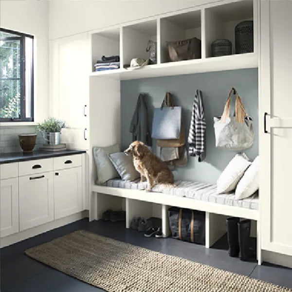Bright mudroom with built-in white storage cabinets, a cushioned bench with pillows, hooks holding bags and coats, and a small dog sitting on the bench.