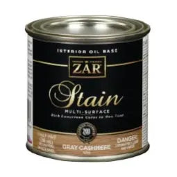 Metal can of Zar interior oil-based wood stain in a muted gray shade labeled 