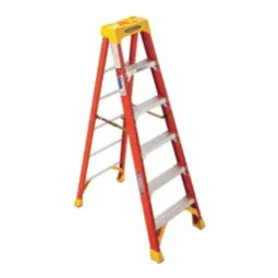 Orange fiberglass step ladder with six wide aluminum steps and yellow safety feet, designed for home improvement and tool use.