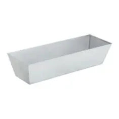 Rectangular gray metal mud pan used for holding joint compound during drywall and home improvement projects.