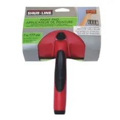 Red and black handheld paper pad applicator with a curved edge, designed for smooth paint application during home improvement tasks.