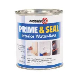 Can of white interior water-based primer labeled for sealing and preparing walls, shown with application images for home improvement use.