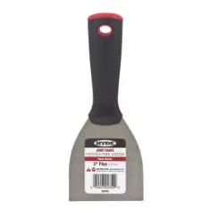 Putty knife with a flexible metal blade and black plastic handle, designed for smoothing and applying materials in home improvement tasks.