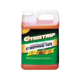 Large plastic container of Citristrip paint and varnish stripping gel with a green label and orange liquid inside, used for home improvement projects.