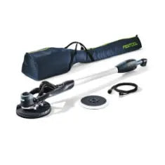 Compact electric drywall sander with extendable handle, sanding disc, power cord, and carrying bag, designed for home improvement tasks.