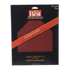 Black and red package of fine 120 grit sandpaper sheets branded Bob Best Professional, used for home improvement and woodworking tasks.