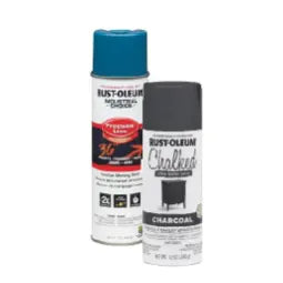 Two cans of Rust-Oleum spray paint, one in turquoise and the other in charcoal black, used for home improvement and DIY projects.