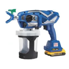 Cordless blue and gray handheld paint sprayer with an attached clear paint container and battery pack, designed for home improvement tasks.