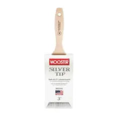 Paintbrush with light wooden handle and white bristles displayed upright against a plain white background, suitable for home improvement and painting tasks.