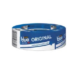 Roll of blue painter’s tape with white and blue labeling, designed for masking surfaces during home improvement and painting tasks.