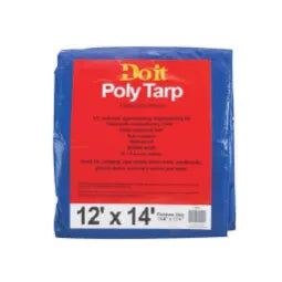 Blue polyethylene tarp folded with a red label displaying size dimensions and usage details for home improvement and outdoor protection tasks