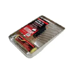 Set of disposable paint trays with metallic silver finish, including multiple black plastic liners and a red-handled paint stirrer, suitable for home improvement projects.