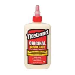 Bottle of Titebond Original wood glue with a red twist cap, designed for strong adhesive bonding in woodworking and home improvement tasks.