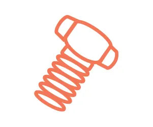 Simple orange line drawing of a bolt with a round head and threaded shaft on a white background, representing hardware or tools.