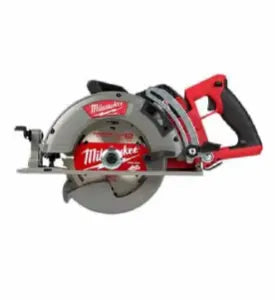 Red and black circular saw with a silver blade guard and Milwaukee branding, designed for precision cutting in home improvement tasks.