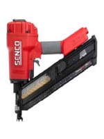 Red pneumatic nail gun with a gray handle and black magazine, designed for fastening tasks in home improvement and woodworking projects.