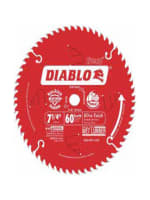 Red circular saw blade with sharp teeth, featuring product specifications and branding in white text, used for precision cutting in home improvement projects.