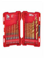 Open red plastic case holding a set of gold-colored drill bits in various sizes, designed for drilling tasks in home improvement and tools projects.