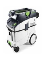 Compact white and black dust extraction unit with green accents, equipped with wheels and a handle for easy maneuvering during home improvement projects.