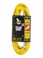 Coiled yellow extension cord with heavy-duty insulation and labels indicating 25 feet length and 12-gauge wire for home improvement use.