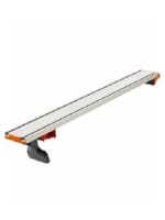 Long silver metal guide rail with orange and black end clamps, designed to provide precision and support for cutting tools in home improvement projects.