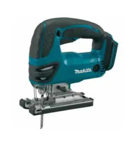 Cordless Makita jigsaw with a teal body and black handle designed for precision cutting in woodworking and home improvement projects.