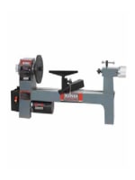 Gray metal woodworking lathe with black and red motor housing and tool rest, designed for shaping and finishing wood pieces.