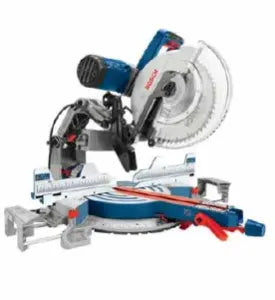Compact sliding miter saw with a silver blade guard, blue and red accents, designed for precision cutting in woodworking and home improvement projects.