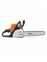 Orange and white gas-powered chainsaw with a long guide bar and black handle, designed for outdoor cutting and home improvement tasks.