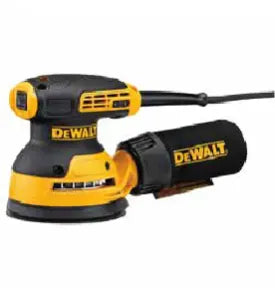 Yellow and black electric random orbital sander with a dust collection attachment designed for smooth finishing in home improvement projects.