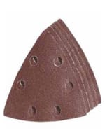 Stack of brown triangular sanding sheets with multiple holes, used for smoothing surfaces in home improvement and woodworking tasks.