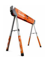 Orange metal sawhorse with adjustable legs standing against a white background, designed for support in home improvement and woodworking tasks.