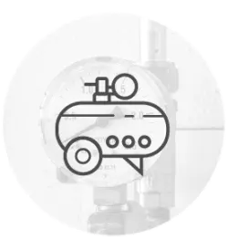 Black line illustration of a portable air compressor tank with control valves and pressure gauge, set against a soft circular background with faint mechanical details.