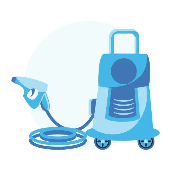 Stylized illustration of a portable steam cleaner with a handle, wheels, and attached spray nozzle set against a pale blue circular background.