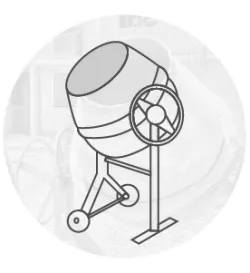 Outline drawing of a cement mixer on a stand with wheels, shown in simple black lines against a translucent circular background with faint construction tools.